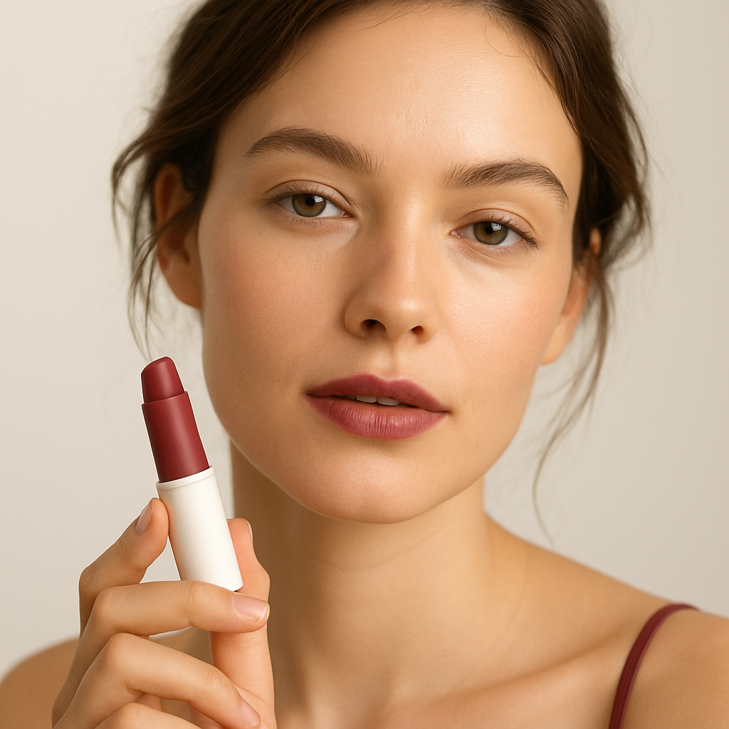 Model with effortless natural makeup and a soft berry lip
